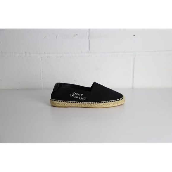 Saint Laurent Logo Embroidered Espadrille Flats in Black Canvas - Picture 3 of 12